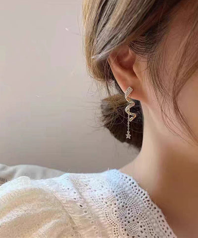 New Silk Sterling Silver Overgild Inlaid Zircon Star Tassel Drop Earrings