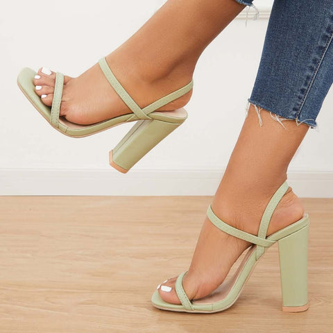 Square Toe Thick Heel Sandals Elastic Straps Chunky High Heels