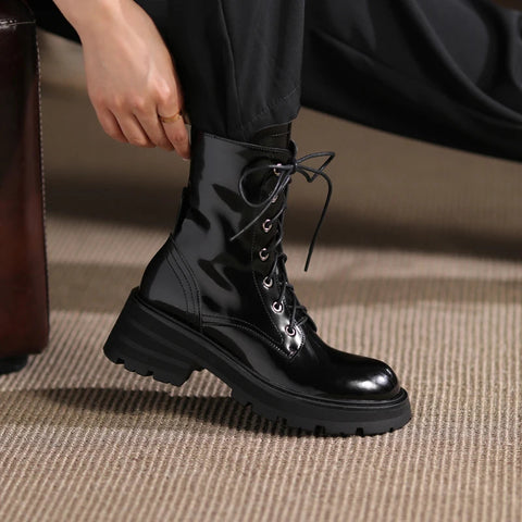 Women's Boots Autumn 2024 New British Style Genuine Leather Women's Ankle Boots Thick-soled Lace-up Shoes Women Platform Boots