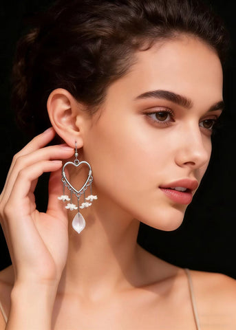 Fine White Flower Acrylic Heart-shaped Long Drop Earrings