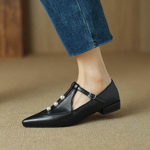 - Plus Size 41 42 43 Spring Autumn New Pointed Toe Pearls T-strap Buckle Mary Jane Shoes Women's Comfortable Flats Loafers Shoes
