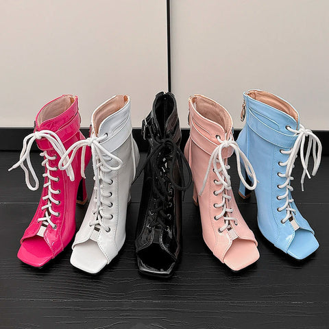 Summer High Heels Ankle Boots for Women 2024 Spring Peep Toe Lace Up Pumps Party Jazz Dance Shoes Ladies Booties Large Size 47