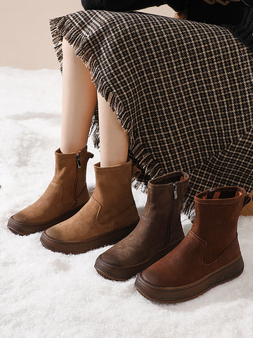 Women Vintage Leather Spliced Flat Ankle Boots