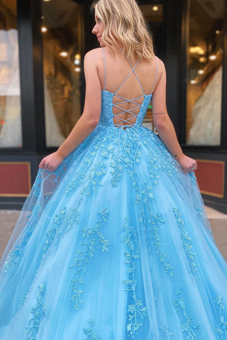 Gorgeous A Line Spaghetti Straps Yellow Long Prom Dress with Appliques