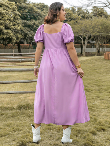 Rosa, kurzärmliges Midikleid mit Bindeband am Hals in Übergröße