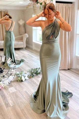 Mermaid Deep V Neck Light Green Long Bridesmaid Dress with Open Back
