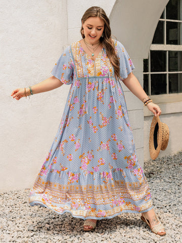 Plus Size Floral Sleeve Beach Maxi Dress