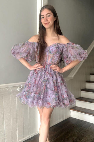 Cute A Line Off the Shoulder Ivory Printed Short Homecoming Dress