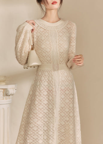 Jacquard Beige O-Ausschnitt Schmeichelnd Gestrickte Baumwollfaden Maxi Kleider Herbst