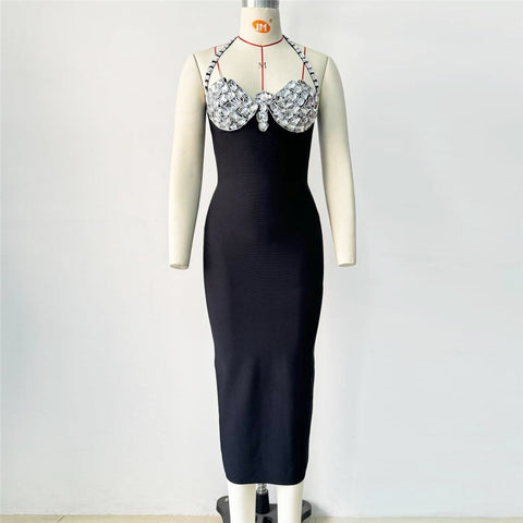 Robe bandage sexy européenne et américaine à col suspendu, robe de soirée dos nu à perles à clous lourds, robe