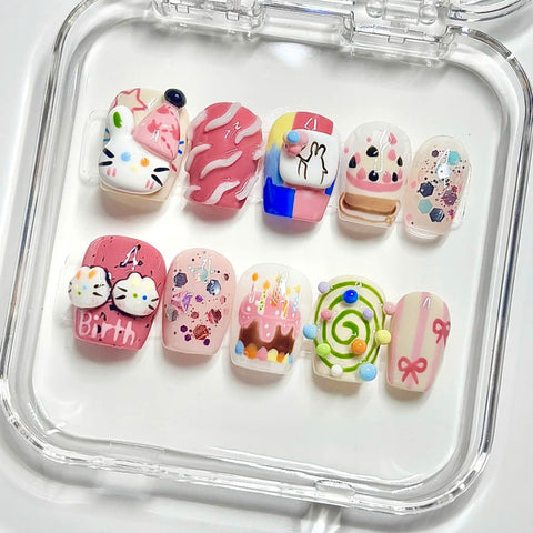 Hot SaleCute Little Cat 3D Nails Press On NailsHandmade Artificial Gel Nail Press-On Nails