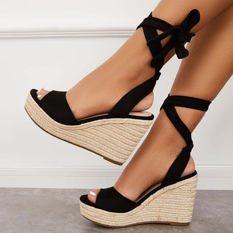 Lace up Espadrille Heel Platform Wedges Ankle Strap Sandals