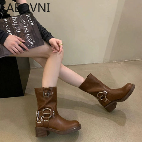 2024 Winter Short Boots For Women Fashion Belt Buckle Biker Boots Female Elegant Square Heel Women's Knight Bootties