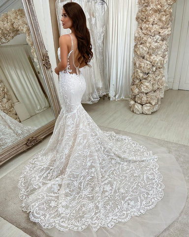 Spaghetti-Straps Lace Wedding Dress Mermaid Sleeveless
