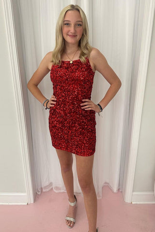Stylish Sheath Spaghetti Straps Golden Sequins Short Homecoming Dress