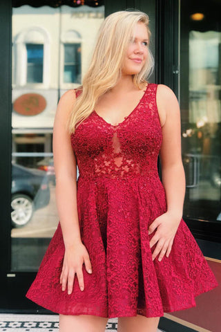 A-line Red Lace Homecoming Dress with Sheer Back