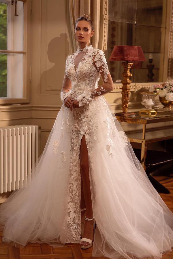 Bmbridal Long Sleeves High Neck Wedding Dress Tulle Appliques With Slit