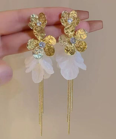 Stylish Silk Alloy Zircon Floral Tulle Patchwork Tassel Drop Earrings
