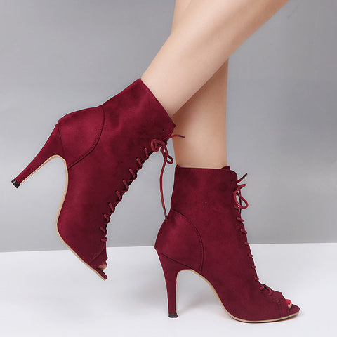 Peep Toe Stiletto High Heel Ankle Boots Lace Up Booties