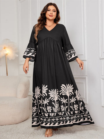 Bedrucktes Maxikleid mit V-Ausschnitt und langen Ärmeln in Übergröße