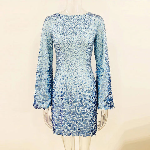 Neck Fashion Elegant Flare Sleeve Blue Sequins Party High Street Mini Straight Women Glitter Dress