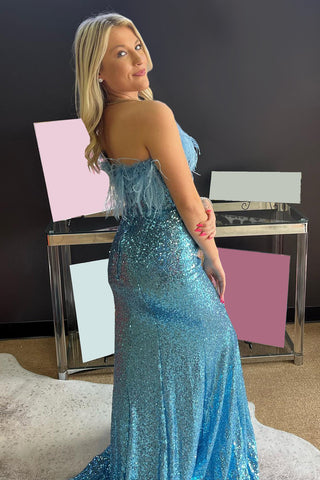 Mermaid Strapless White Sequins Plus Size Prom Dress with Feathers