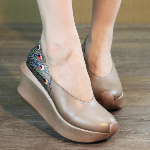 Women Wedge Peacock Tail Print Sewing Casual Shoes