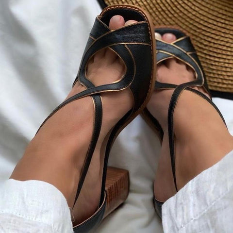 Mid Heel Sandals Summer Handmade Ladies Heels Mixed Colors Women Slip-On Peep Toe Ladies Pumps Square Heel Casual Shoes