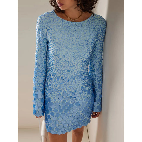 Neck Fashion Elegant Flare Sleeve Blue Sequins Party High Street Mini Straight Women Glitter Dress