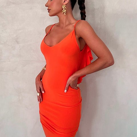 Gespleißtes langes Kleid mit Holzohrkante, offenem Rücken, V-Ausschnitt, engem Wickelkleid mit Hüftgurt, sexy, plissiertes Temperament, langes Kleid
