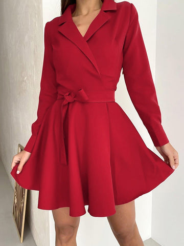 Frühlingsneues elegantes Kleid mit Anzugkragen, langen Ärmeln und Schnürung, Schleife, hoher Taille, A-Linien-Kleid