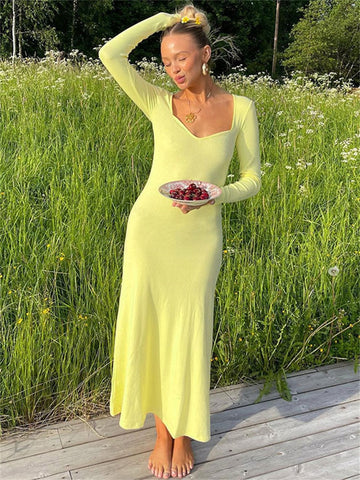Knit Long Sleeve Maxi Dress Female Slim Solid Party Dress