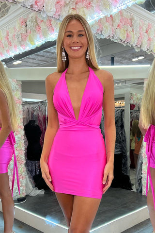 Sheath Plunging V Halter Satin Homecoming Dress