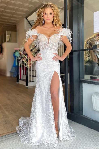Mermaid Feather Off the Shoulder Lace Prom Dress