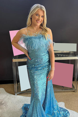 Mermaid Strapless White Sequins Plus Size Prom Dress with Feathers