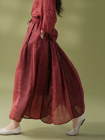 Women Summer Vintage Solid Drawstring Loose Shirt+Skirt