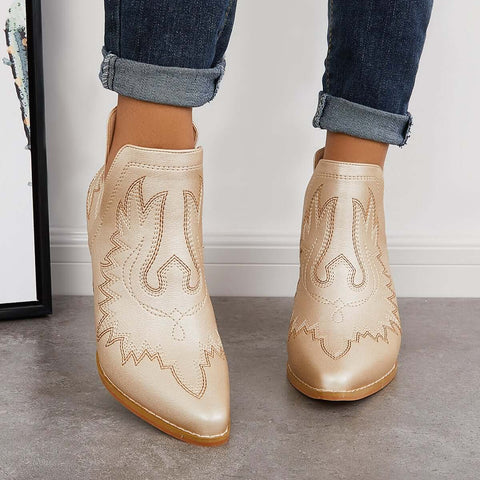 Western Ankle Cowgirl Boots Slip on Cutout Chunky Heel Booties