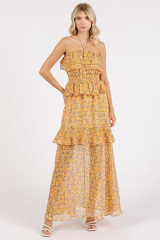 Tangerine Ruffled Floral Halter Neck Maxi Summer Dress