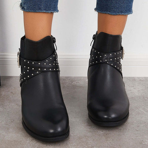 Chunky Low Heel Chelsea Booties Buckle Strap Ankle Boots