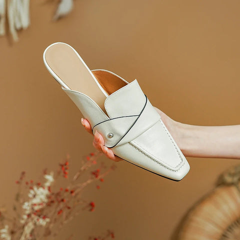 Muller Slippers Women Pumps Square Toe Genuine Leather Slippers Spring Summer Concise Casual Working Shoes Woman New Arrival