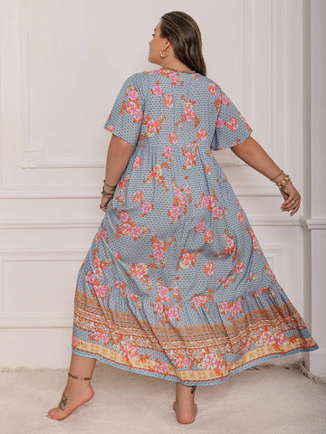 Plus Size Floral Sleeve Beach Maxi Dress