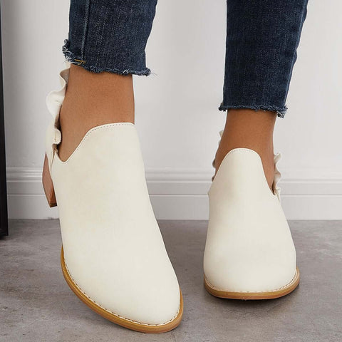 V-Cut Ruffle Ankle Boots Slip on Chunky Stacked Heel Booties