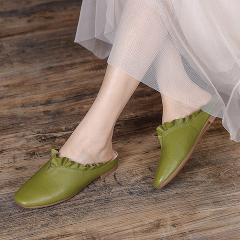 Women 2022 Vintage Leather Ruffle Trim Casual Slippers