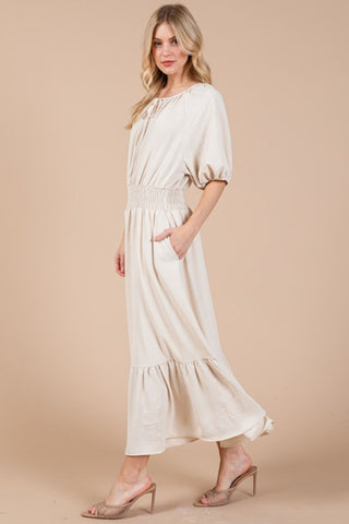Tie Neck Puff Sleeve Beach Resort Maxi Dress