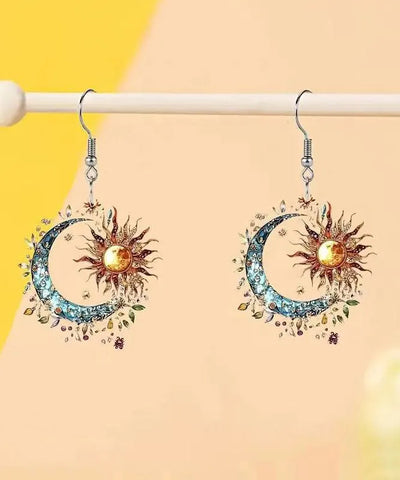 Bohemian Colorblock Acrylic Sun And Moon Tassel Drop Earrings