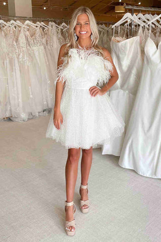 Black Strapless Cocktail Dress with Feathers