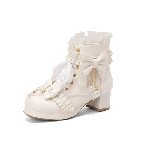 - Pink White Black Chunky Heel Lolita Shoes Butterfly-knot Pearls Lace Up Womens Cosplay Princess Cute Sweet Winter Ankle Boots 42