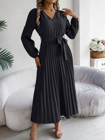 Plissiertes, gebundenes Midikleid mit V-Ausschnitt und langen Ärmeln