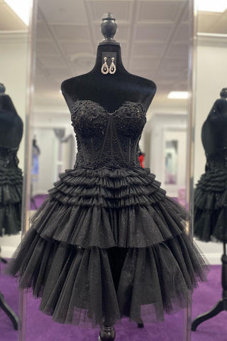 Stylish A Line Sweetheart Black Corset Homecoming Dress with Ruffles