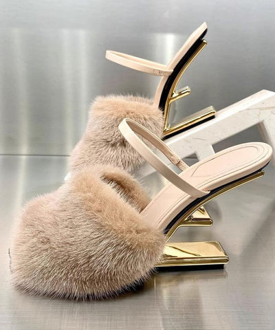 Novelty Sexy Black Mink Hair Slide Sandals Alien Heel
